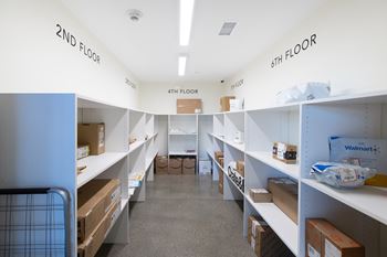 a room filled with shelves and boxes